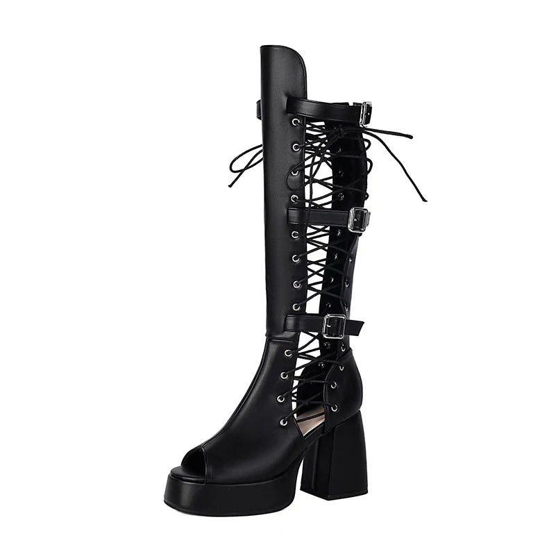 Plus Size Women Black Patent Matte Leather Lace Up Knee High Boots Peep Toe Platform Block Heel Back Zip Gothic Y2K Party Heels