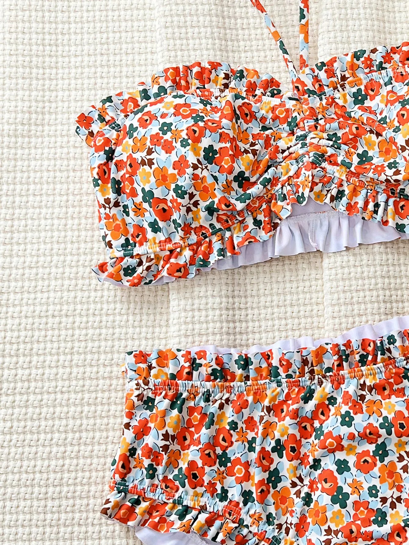 DEKA Ruffles Strapless Lace-Up Bikini Set Floral Pattern Swimsuit Women High Waist Bikini Summer New Swim Bathing Suit