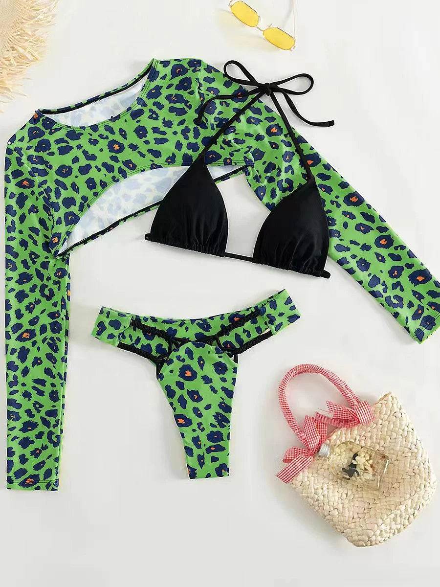 Leopard Printed Long Sleeve Beach Cover-up Bikini Women Swimwear Female Swimsuit Three-pieces Bikini Set Micro Bathing Suit Swim