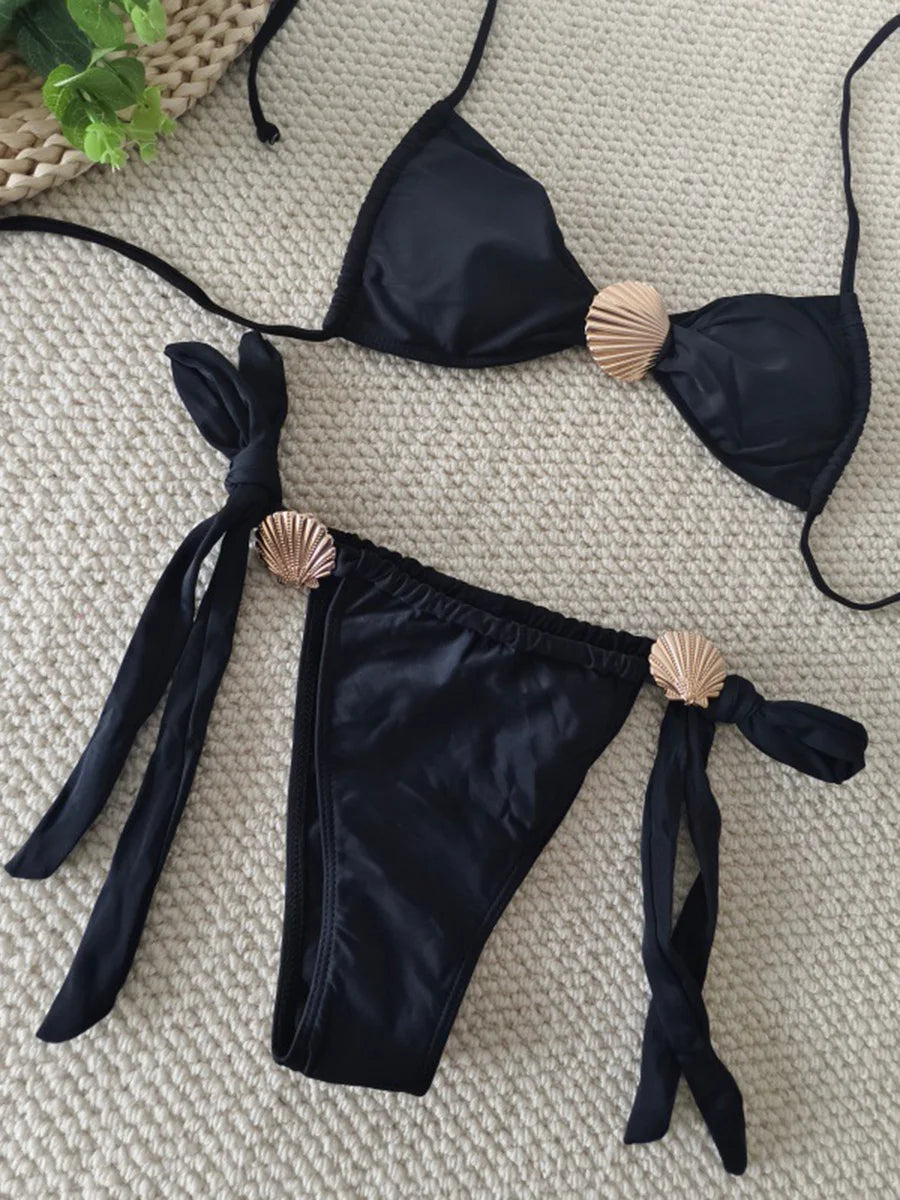 Metal Shell Halter Strappy High Cut Bikini Female Swimsuit Women Swimwear Two-pieces Bikini Set Bather Bathing Suit Swim Lady