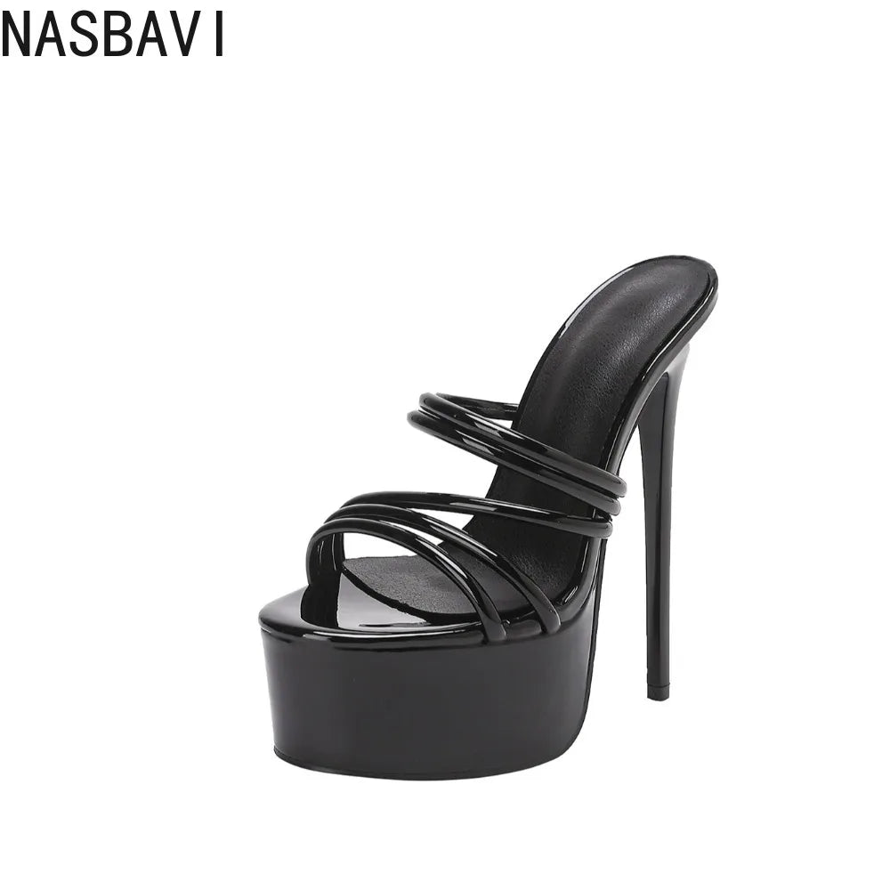 Summer Nightclub Round Toe Peep Toe 16cm Extreme Platform High Heels Slippers Ladies Sexy Model Strap Sandals Mules Slides Shoes