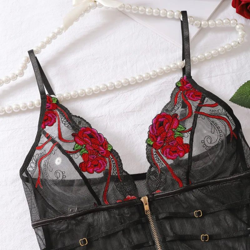 Toucheart Sexy Lace Mesh Transparent Underwear Women V-Neck Sexy Suspender Bodysuit With Zipper Exotic Sexy Printing Jumpsuit