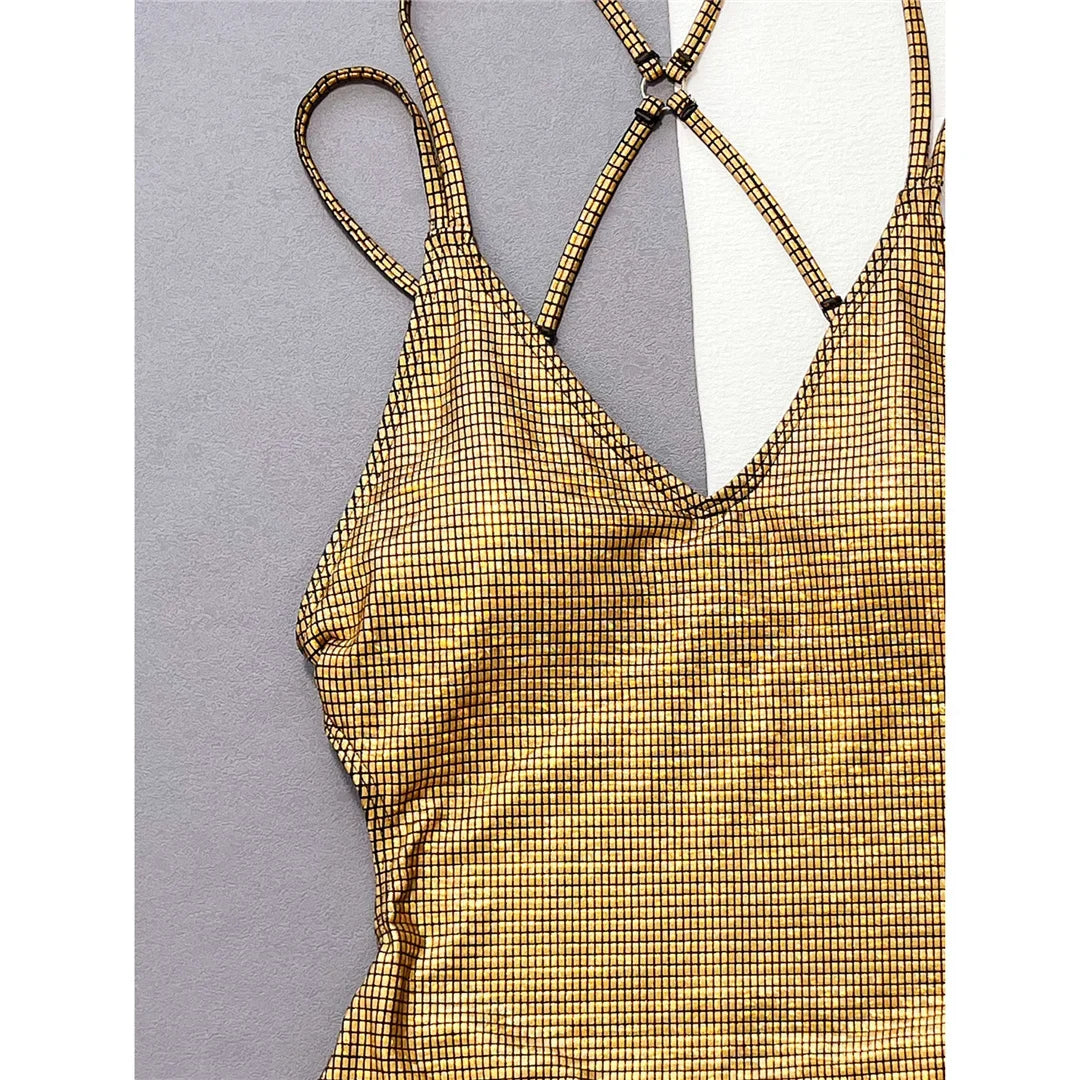 Sexy Golden Sequins Cross Back One Piece Swimsuit Women Swimwear Female Scrunch Butt High Leg Cut Bather Bathing Suit Swim V4967