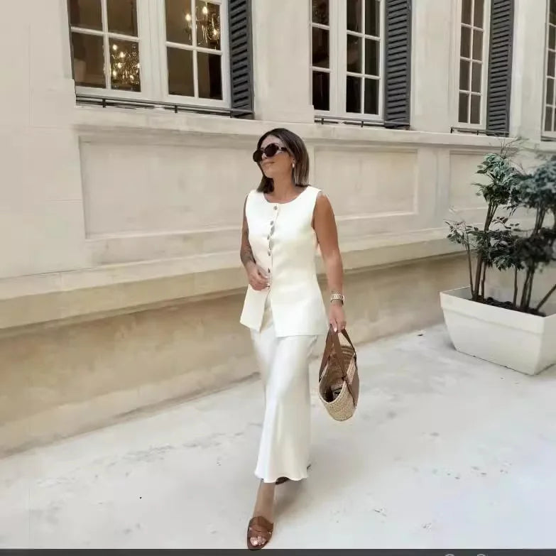 Women's Sleeveless Knit Top With Metal Buttons White Sleeveless Button Down Vest And Maxi Skirt Two Piece Set For Women S7XY