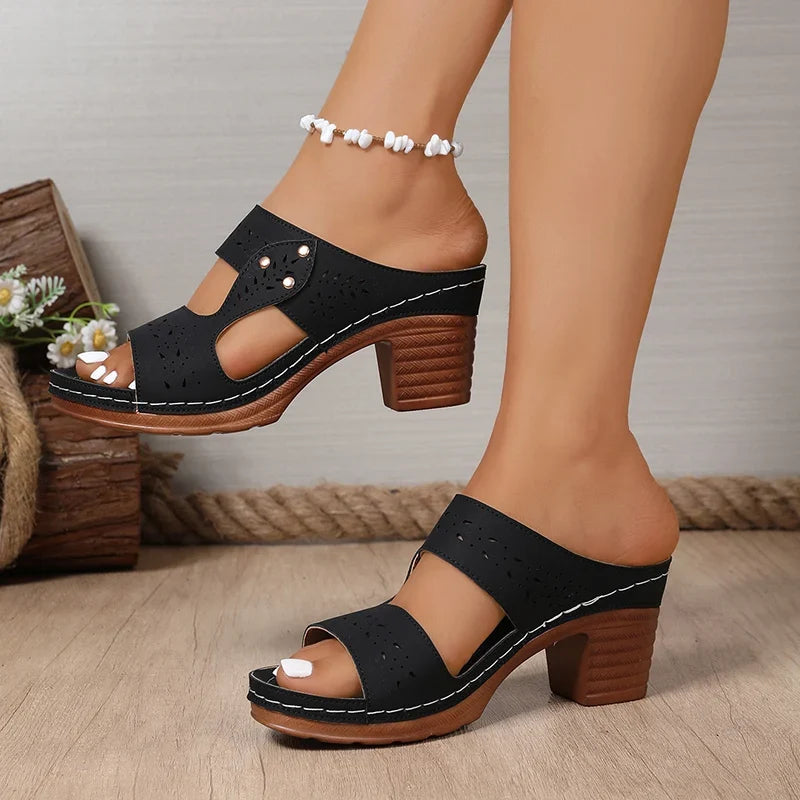 Lightweight High-Heeled Sandals Women Plus Size 43 Hollow Out Thick Heel Slippers Woman Summer Slip On Platform Sandles Female