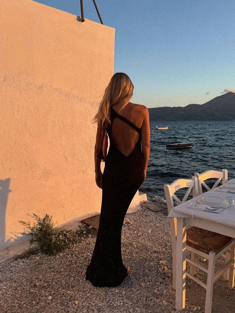 Sexy Glitter Backless Knitwear Tank Dress Sleeveless Slim Fishtail Dresses 2025 Women's Party Evening Vestidos Maxi Dress
