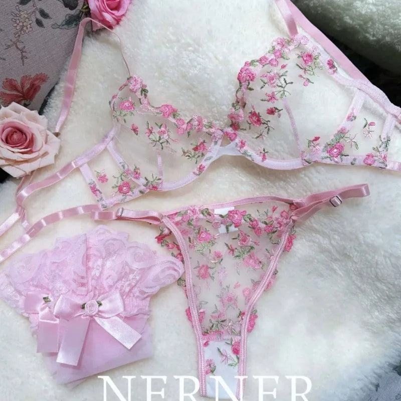 French Floral Bra Set Women | Sweet Sexy Sheer Mesh Lace, Transparent Underwear Set | Practical & Feminine MOYISU Sexy Panty Set