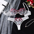 White embroidered floral lingerie set - a sexy bra and thong combination with heart-shaped decorations for ladies ZA824026