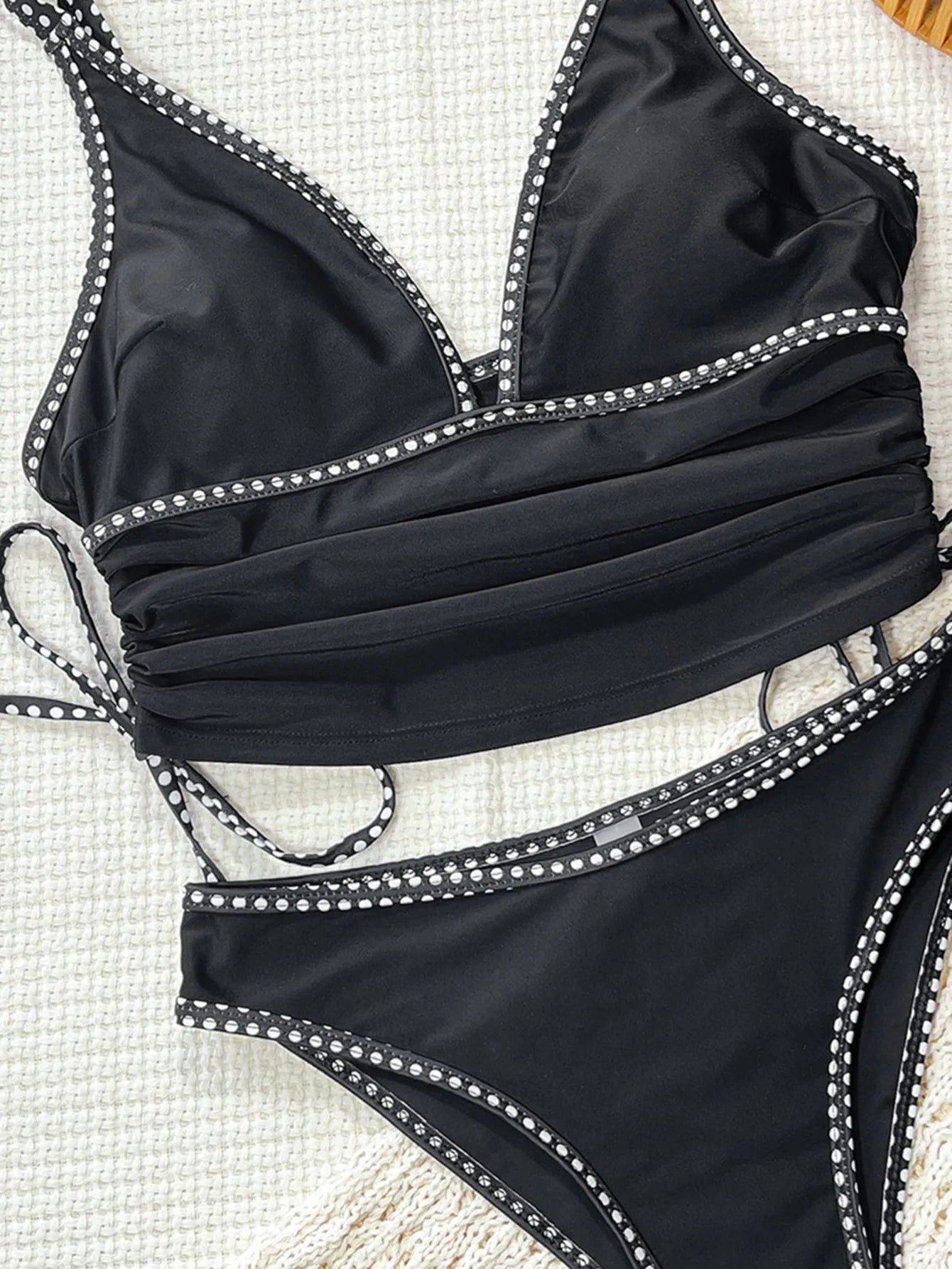 Sexy Balck Contrast Bikini Set 2026 Women V Neck Drawstring Side Top High Waist Swimsuit Summer Bathing Suit Two Piece Swimwear
