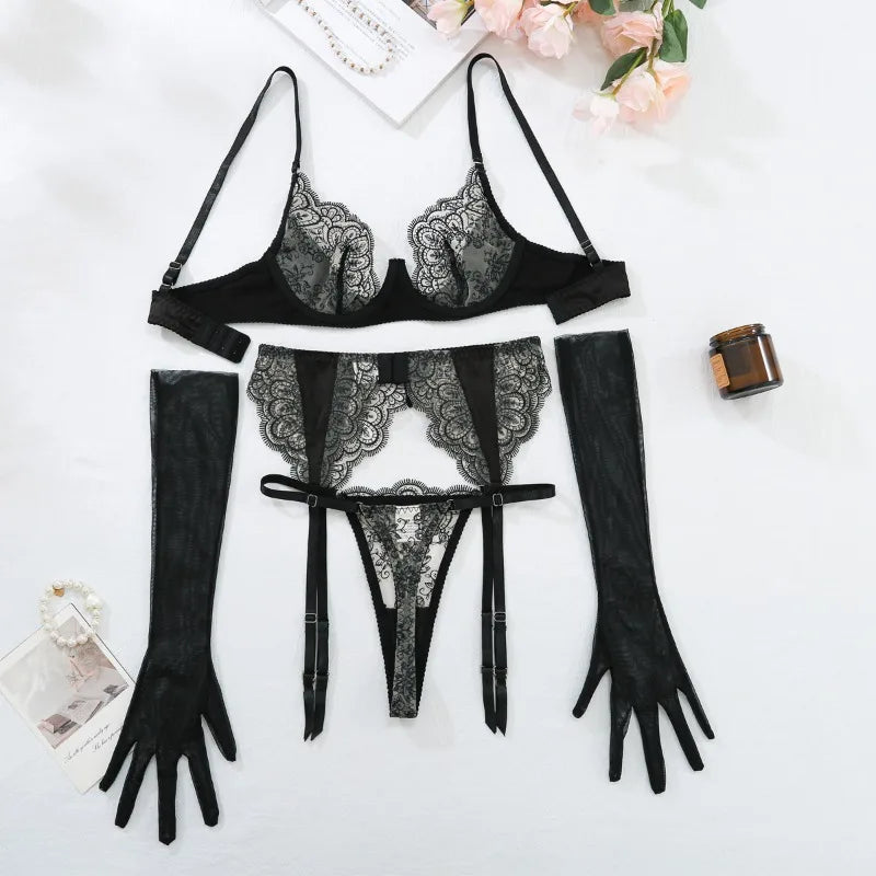 Toucheart 4 Piece Set Sexy Embroidered Lace Erotic Backless Lingerie For Women Mesh Patchwork Lace See-Through Sexy Lingerie Set
