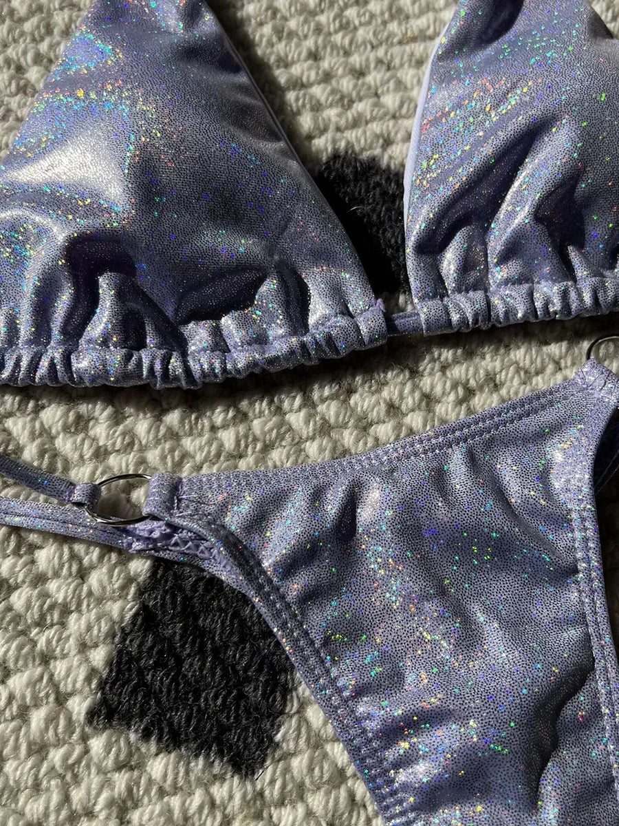 Halter Shiny PU Faux Leather Bikini Female Swimsuit Women Swimwear Two-piece Bikini Set Mini Micro Thong Bathing Suit Swim Lady