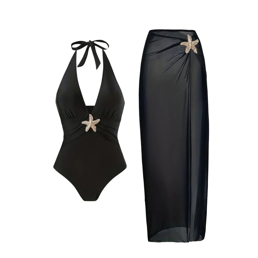 S - XL New With Skirt Deep V Neck Halter One Piece Swimsuit Women Swimwear Female Starfish Padded Bather Bathing Suit Swim V7977