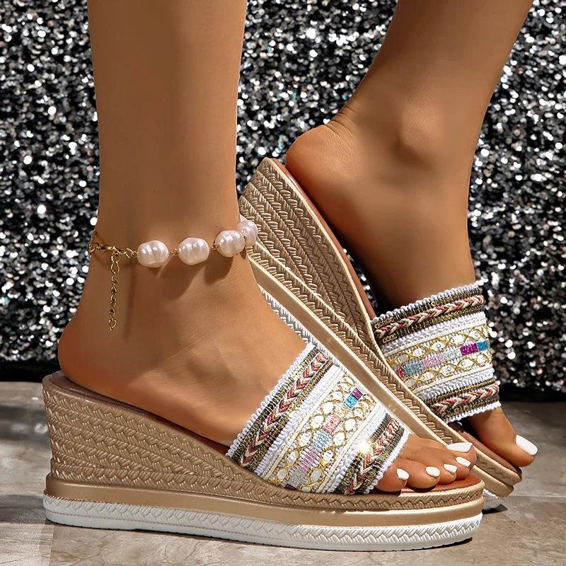 Bohemian Style Wedges Sandals for Women 2026 Summer High Heels Platform Slippers Woman Plus Size 43 Thick Sole Rome Sandals