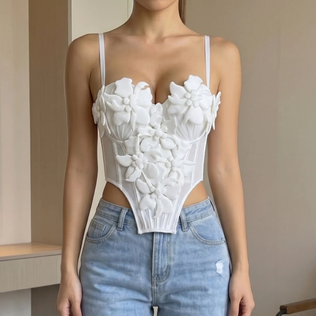 Summer White 3D Flower Camisole Vest Women Sexy Hanging Neck Transparent Mesh Embroidered Corset Slim Fit Fishbone Tank Tops