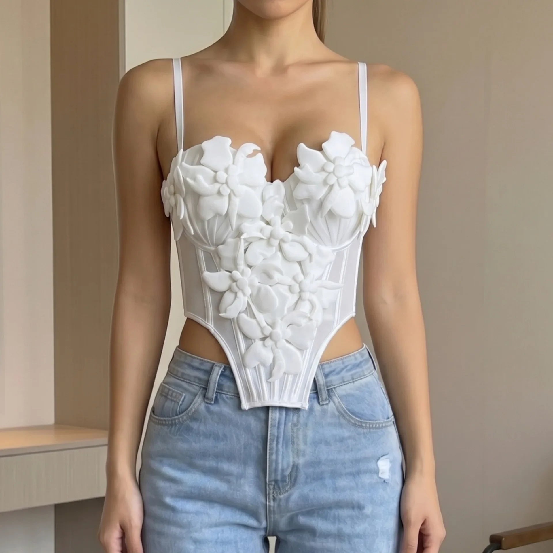 Summer White 3D Flower Camisole Vest Women Sexy Hanging Neck Transparent Mesh Embroidered Corset Slim Fit Fishbone Tank Tops