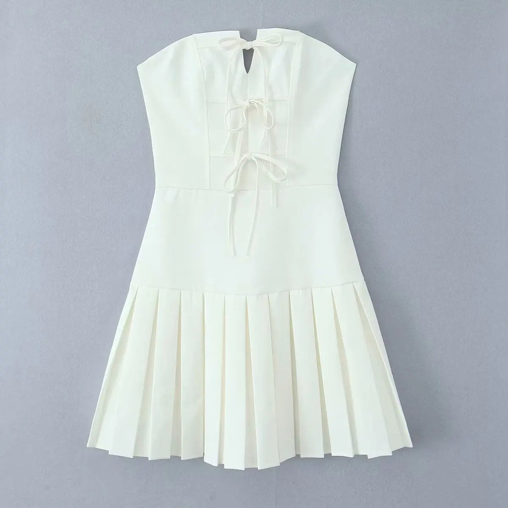 Bowknot Off Shoulder Strapless Party Short Dress for Women 2025 Elegent Lady White Pleated Mini Vestidos Female Backless Dress