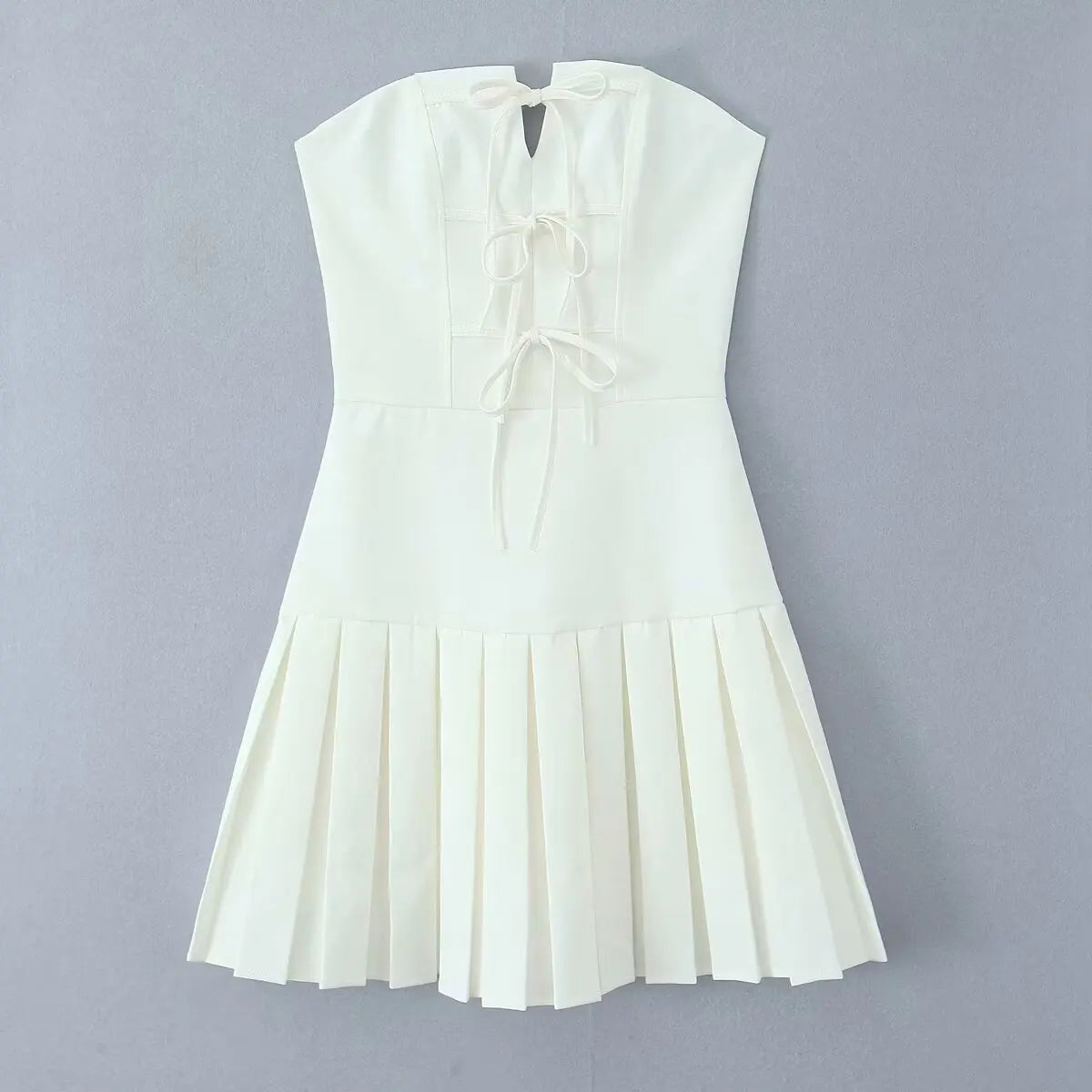 Bowknot Off Shoulder Strapless Party Short Dress for Women 2025 Elegent Lady White Pleated Mini Vestidos Female Backless Dress