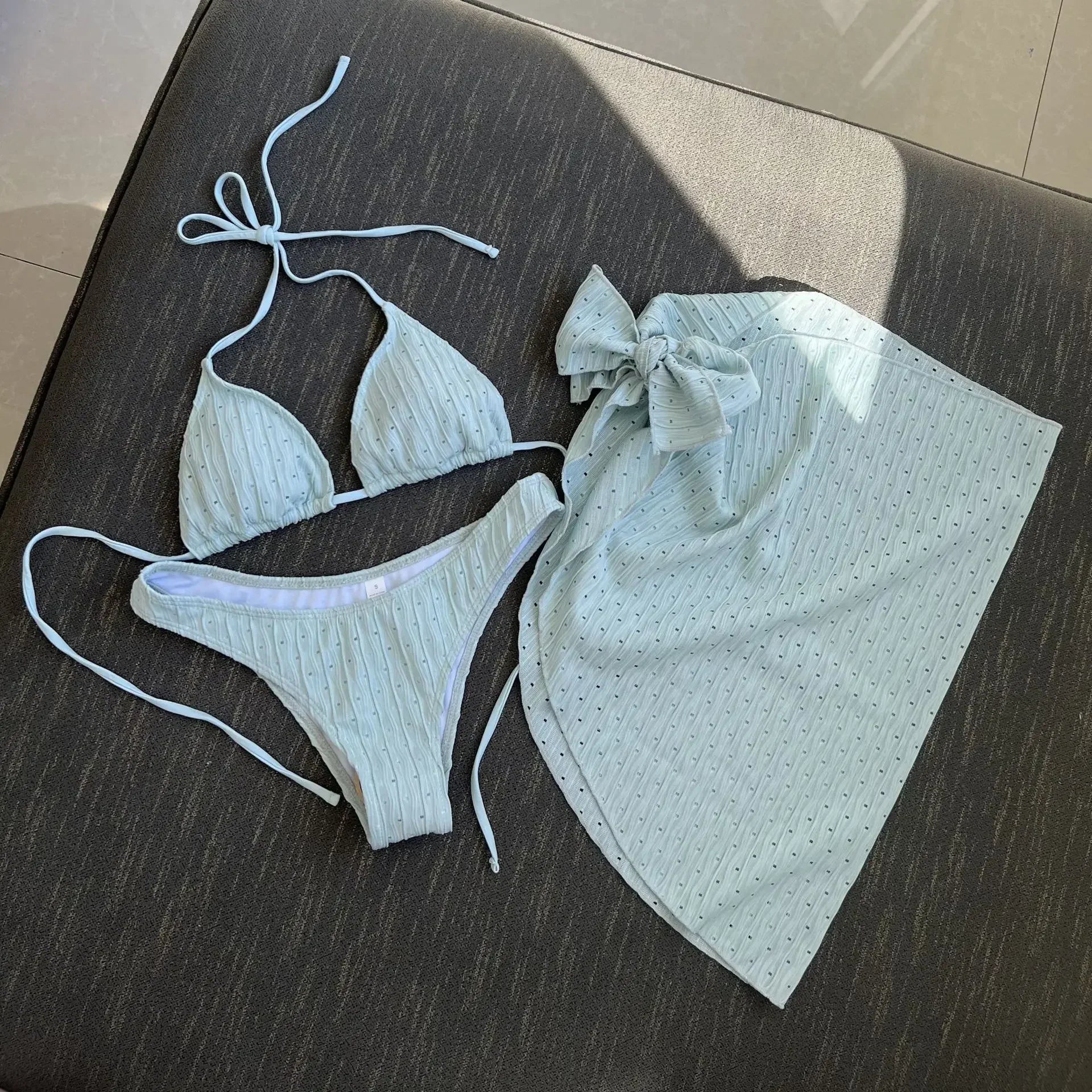 3pcs Sarong Beach Cover Up Skirt Wrinkled Bikini Women Swimwear Female Swimsuit Three-pieces Bikini Set Bathing Suit Swim Lady