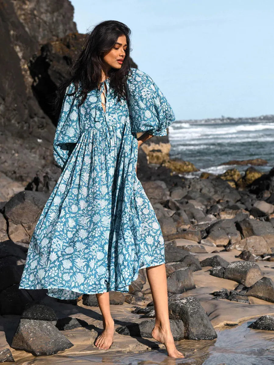 Foridol Lantern Half Sleeve Cyan Bohemian Beach Midi Loose Dress Summer for Women Tie Up Casual Floral Holiday Midi Vestidos