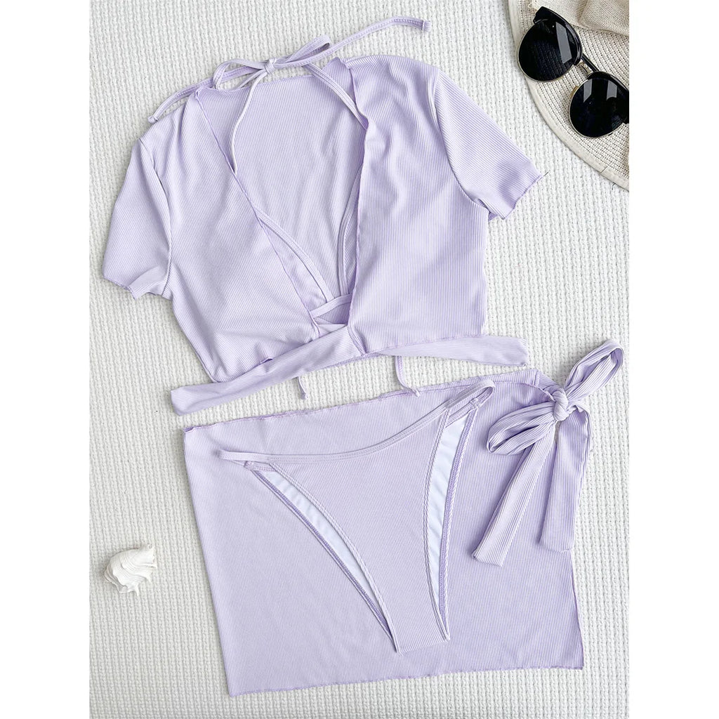XS - L Ribbed Halter Bikini Women Swimwear Female Swimsuit Four-pieces Bikini set With Sarong Bather Bathing Suit Swim V3152B