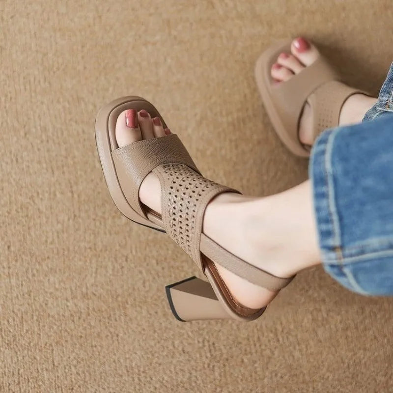 2026 Women's Thick Heel Sandals Summer Hollow Waterproof Platform High Heels Fish Mouth