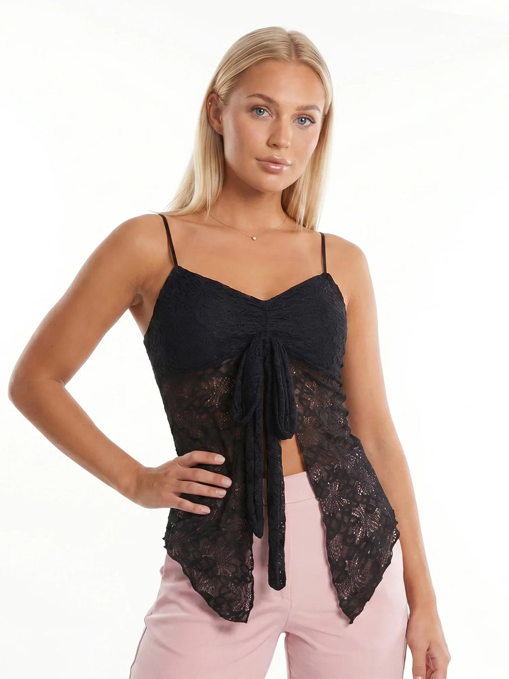 Women’s Solid Color Lace Halter Tank Tops Summer Fashionable Spaghetti Strap Handkerchief Hem Sheer Camis Tops