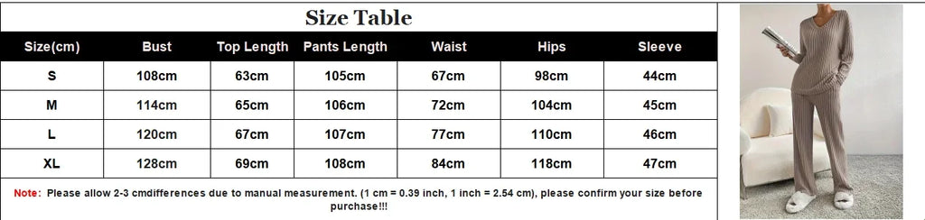 Autumn and Winter Casual V-neck Pocket Striped Knited Tops and Long Trousers Two-piece Sets, Women's Pajamas Set Sleepwear