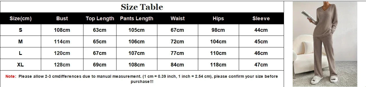 Autumn and Winter Casual V-neck Pocket Striped Knited Tops and Long Trousers Two-piece Sets, Women's Pajamas Set Sleepwear