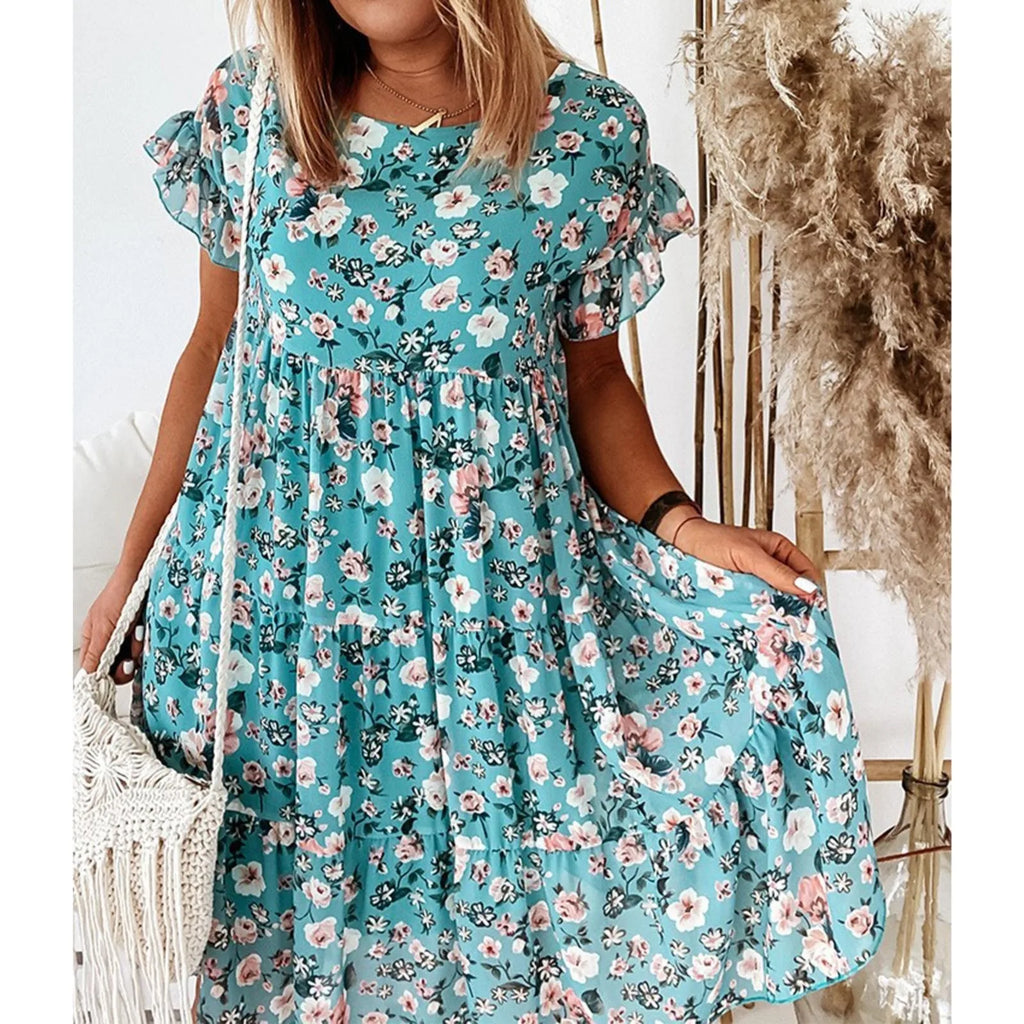 Summer Lady Ruffle Mini A Line Dress Women Casual Floral Print Dresses O Neck Elegant Short Sleeve Midi Dress Vacation Vestidos