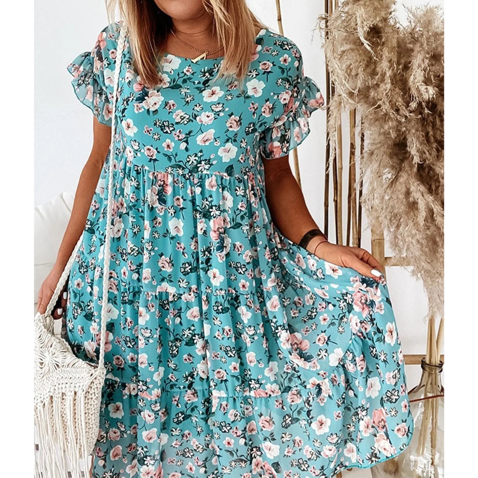 Summer Lady Ruffle Mini A Line Dress Women Casual Floral Print Dresses O Neck Elegant Short Sleeve Midi Dress Vacation Vestidos