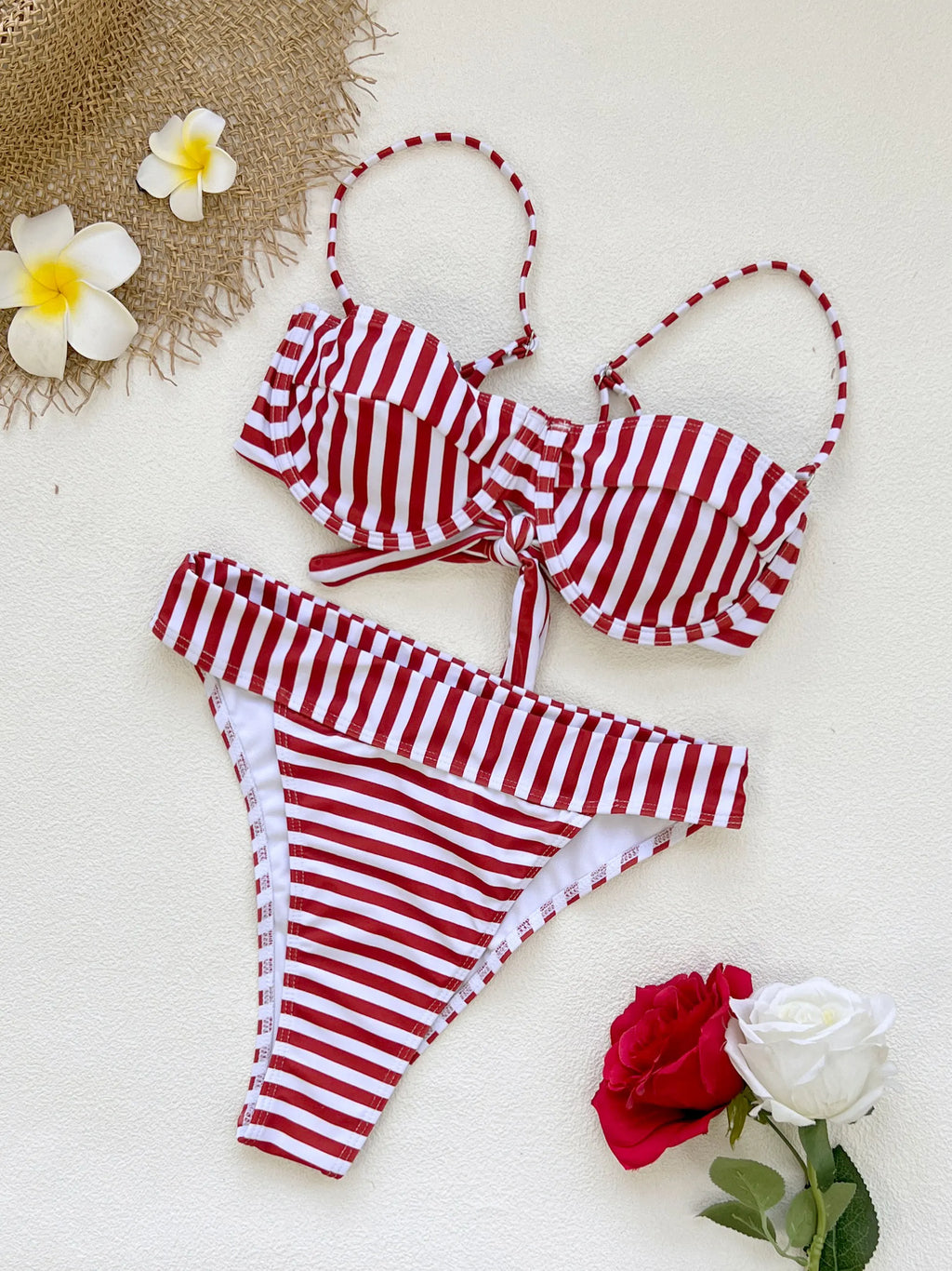 2026 Sexy Red White Striped Bikini Set Classic Vertical Stripe Thin Strap Perfect for Beach Wear and Pool Parties Summer Getaway