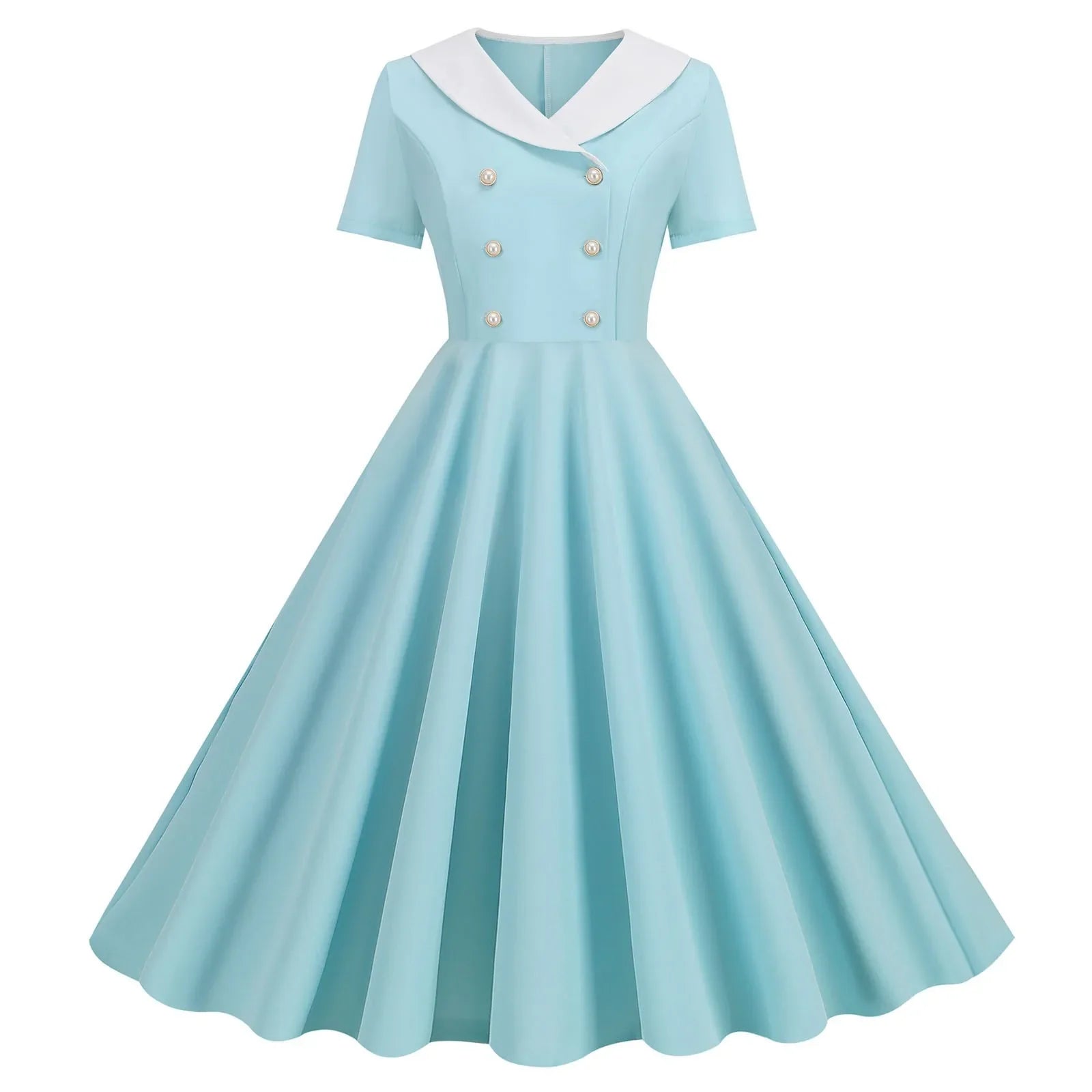 1950s Vintage 50s A-Line Evening Dress Short Sleeves V Neck Button High Waist Dresses Women's Prom Party Midi Dress Vestidos
