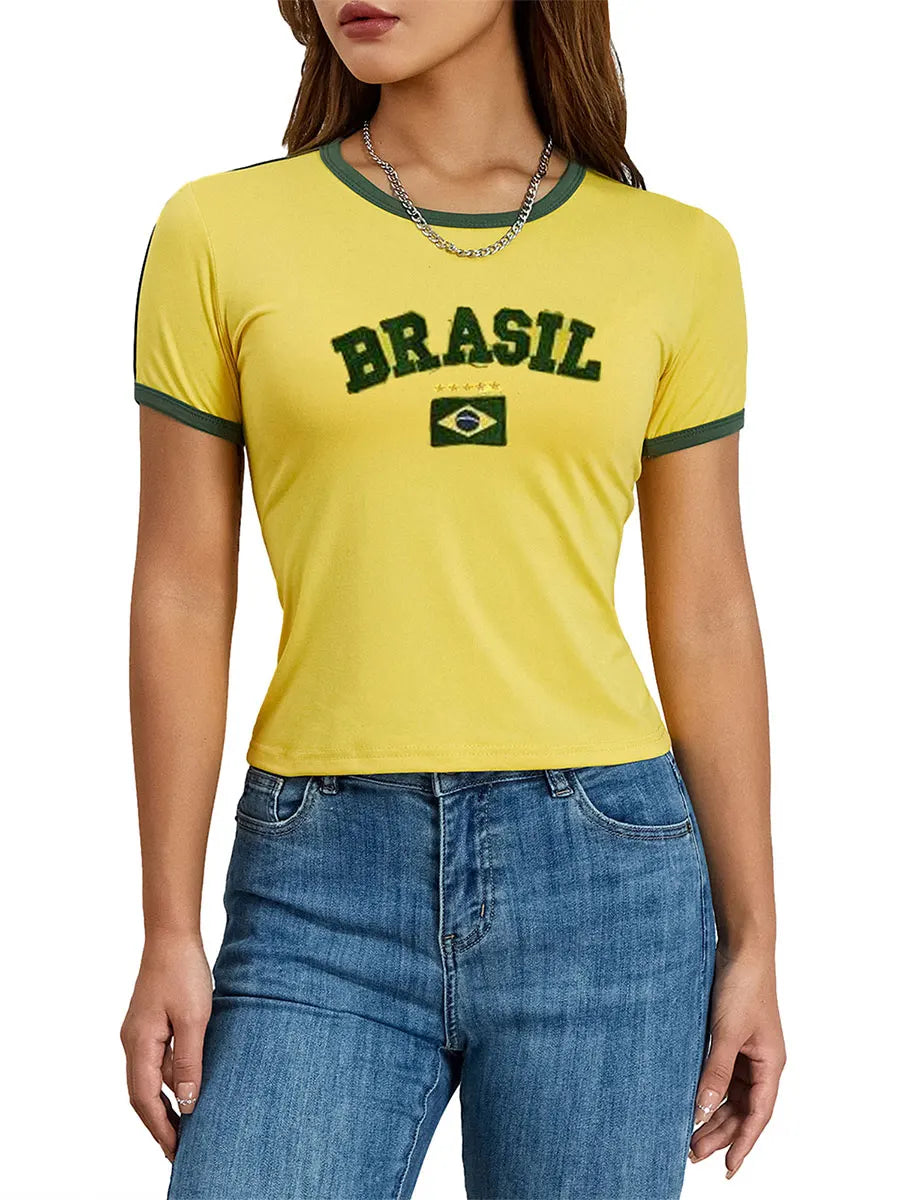 Summer Women's Casual T-shirt Short Sleeve Round Neck Slim Fit Cropped Tee Tops Shirts Streetwear