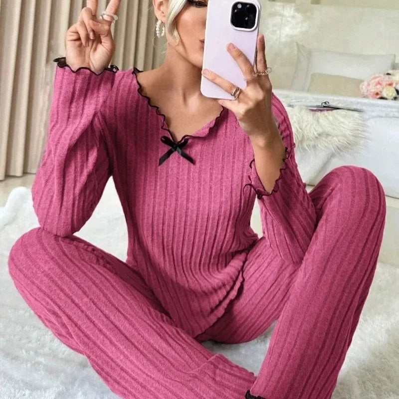 Women Autumn Winter Sleepwear Ribbed Pajamas Set Long Sleeve Top and Long Pants 2 Piece Set Casual Homewear Loungewear