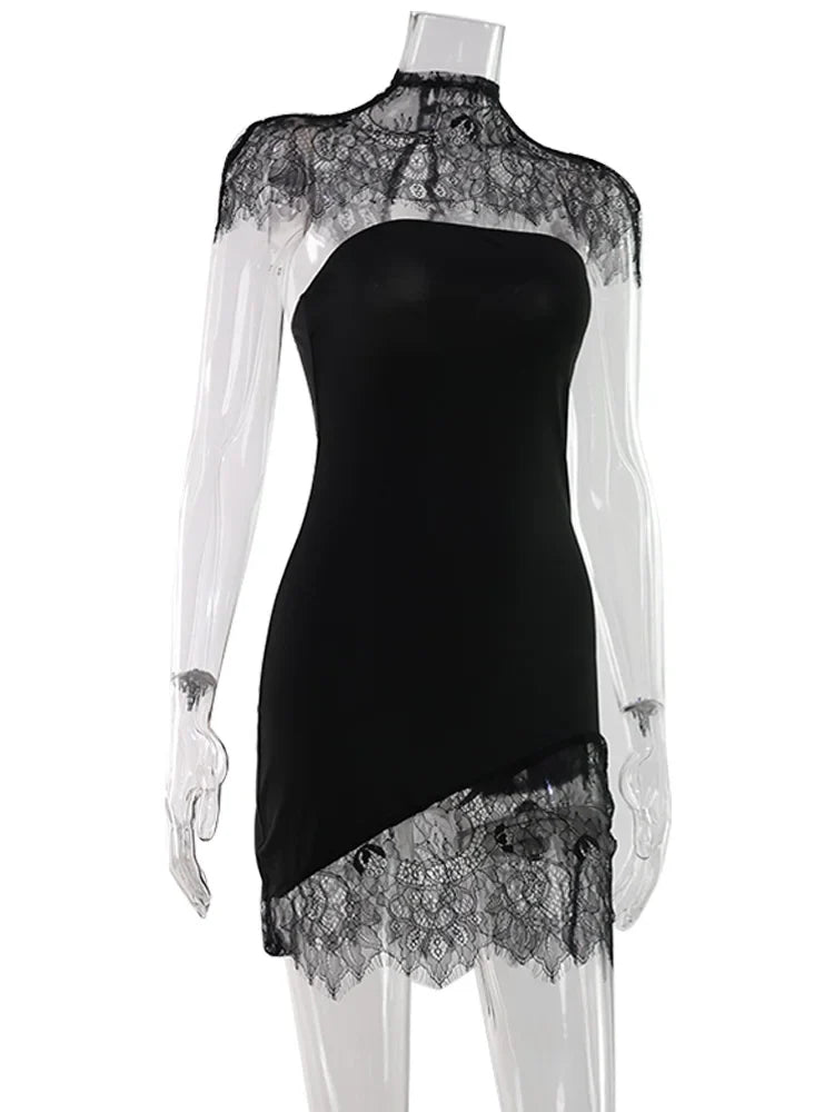 Ahagaga Sexy Women's Mini Dresses Solid Patchwork Lace Slash Sleeveless Sheath Bodycon Sheer Regular Casual Streetwear Vestidos