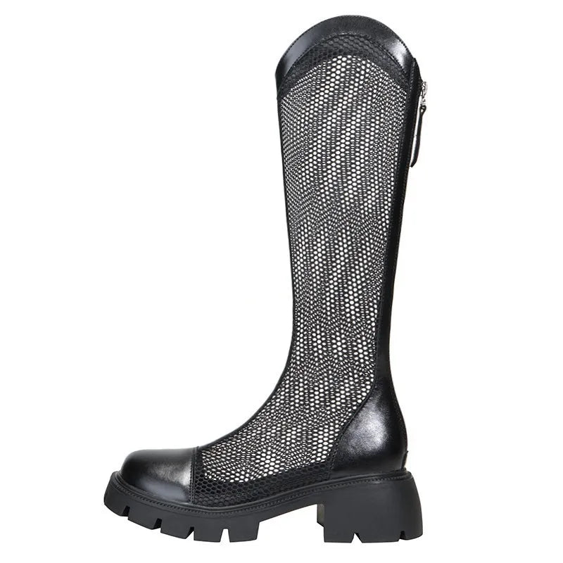 Women Summer Knee-high Mesh High Boots Female Breathable Platform Mesh Lace-up Knight Boots Thick Heel Hollow Long Knight 2025