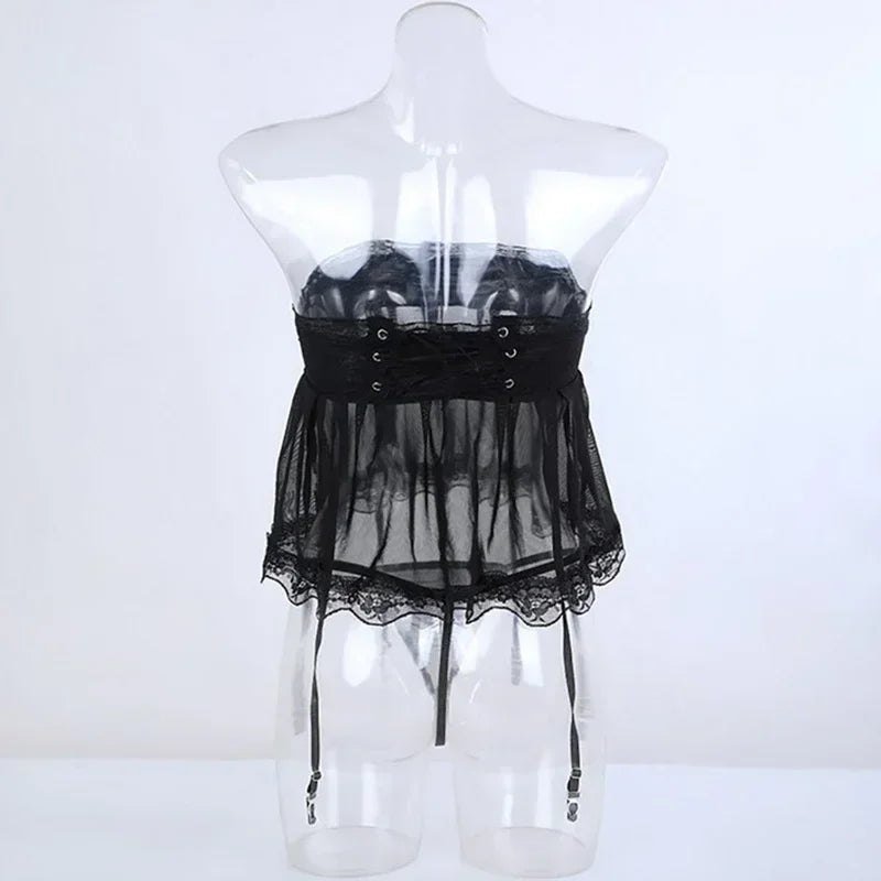 High Waist Garter Belt Panties Babydolls Erotic Lingerie Women Plus Size Black Mesh Skirt Sexy Tanga Suspenders Baby Doll Dress