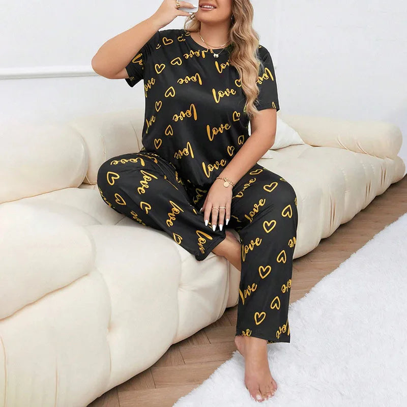 Plus Size 3XL 4XL 5XL Sleepwear Heart Letters Print 2 PCS Pajama Set Women's Casual Short-Sleeve Top and Pants Loungewear