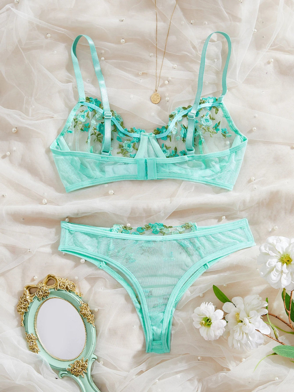 Womens Embroidered Bralette Lingerie And Panty Set Floral Design Soft Stretch Fabric Comfortable Everyday Underwear
