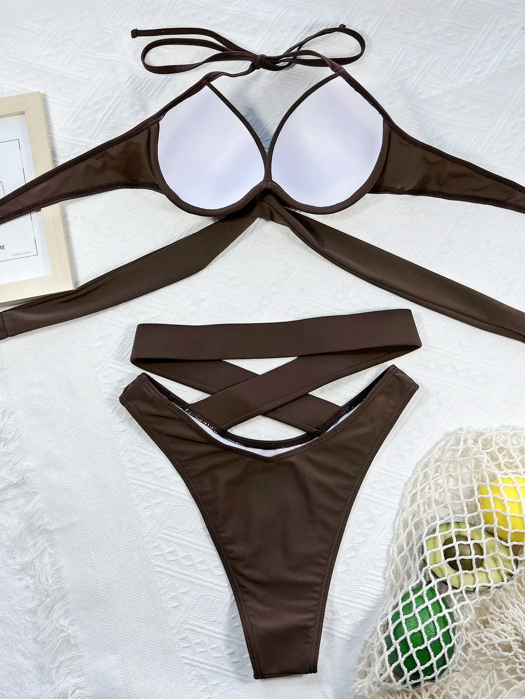 DEKA Sexy Solid Push Up Strapped Bikini Set Tied High Waist Thong Swimsuit Women Swimwear Beach Backless Bathing Suit
