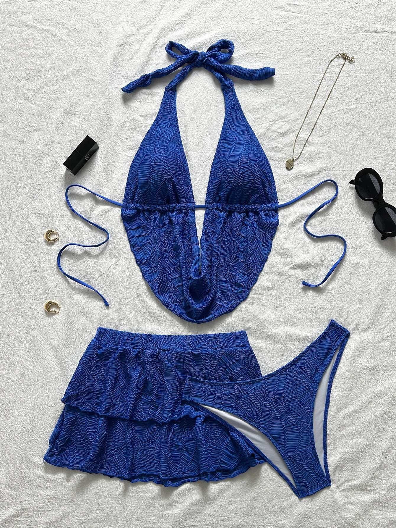 3PC with Skirt Wrinkled Halter Tankini Bikini Women Swimwear Female Swimsuit Three-pieces Bikini Set Bathing Suit Swim Beachwear
