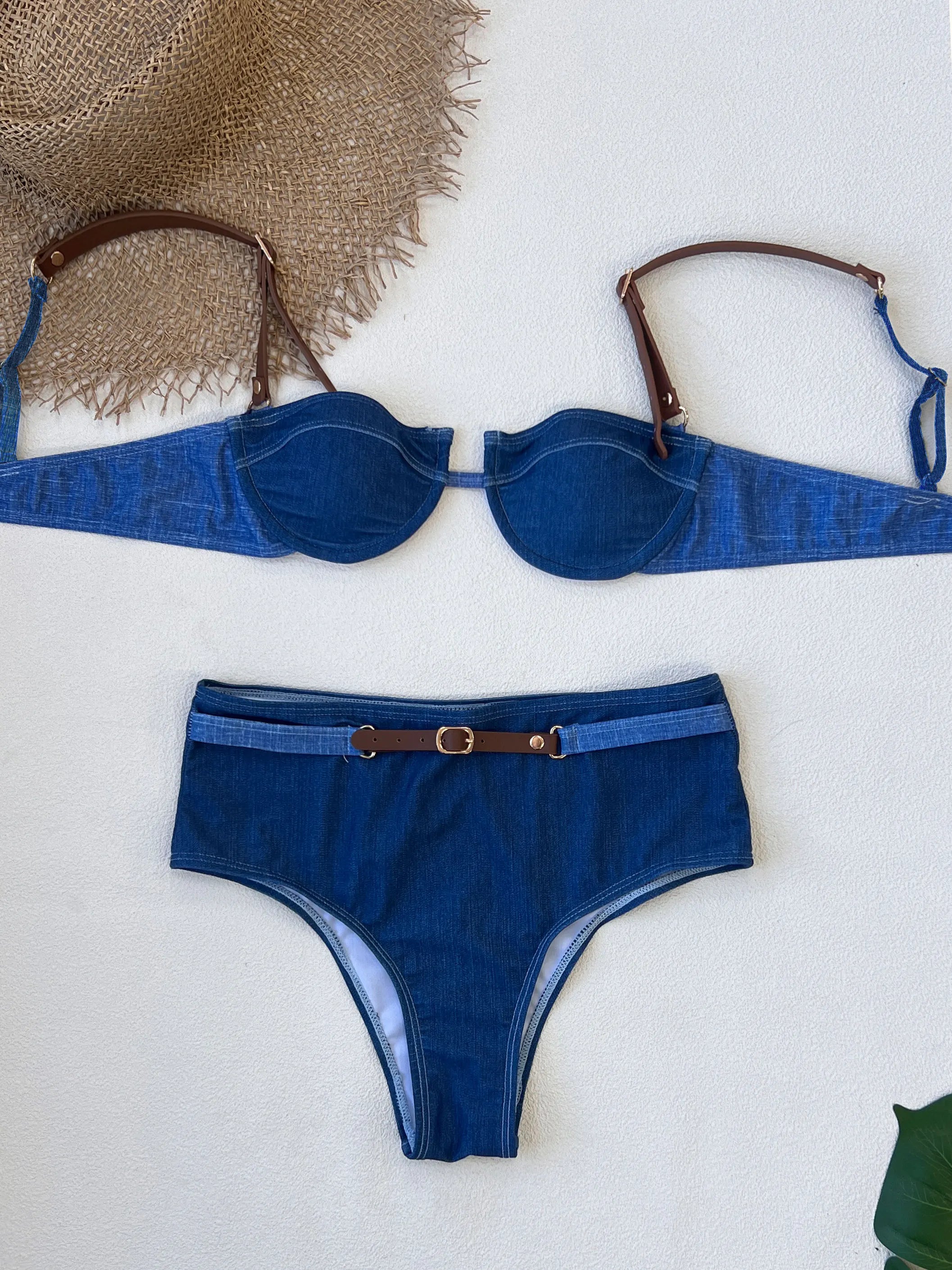 Women's Corset Cute Bikini Set Denim Casual Style Leisure Suit Comfortable Swimsuit For Girls Beach Holiday Beachwear