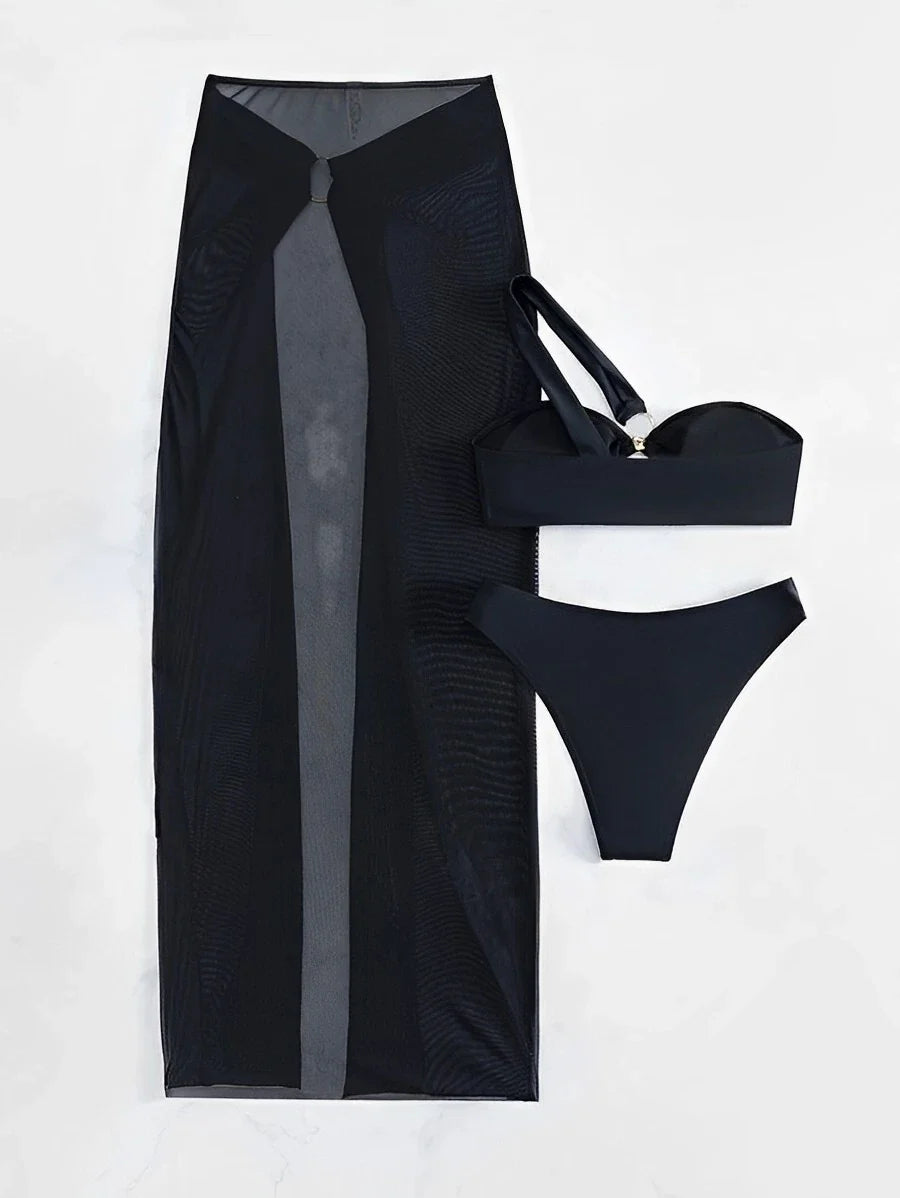 3 Pieces One shoulder Ring Link Bikini 2026 Women & Skirt Swimsuit Solid Sexy Swimwear Female Bathers Bathing Swimming Swim Suit