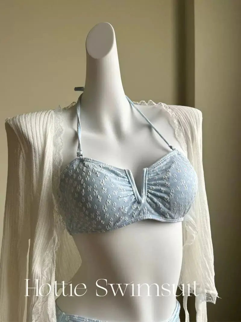 Girls' pure lust style summer bikini three-piece knitted sweater holiday split swimsuit for women