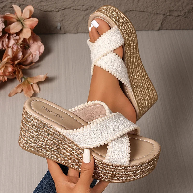 Woven Chunky Platform Sandals Women Fashion Cross Band High Heels Slippers Woman Plus Size Thick Sole Summer Sandles Mujer 42