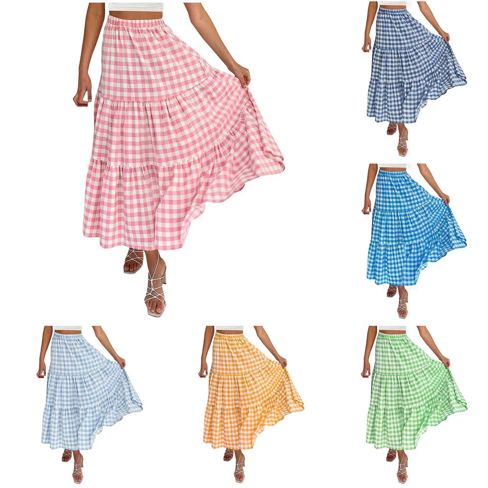 2026 Summer Vintage Checkered Maxi Skirt Women High Waisted Elastic Plaid Ruffle Long Skirts Retro Sweet Cake A  Line Skirts