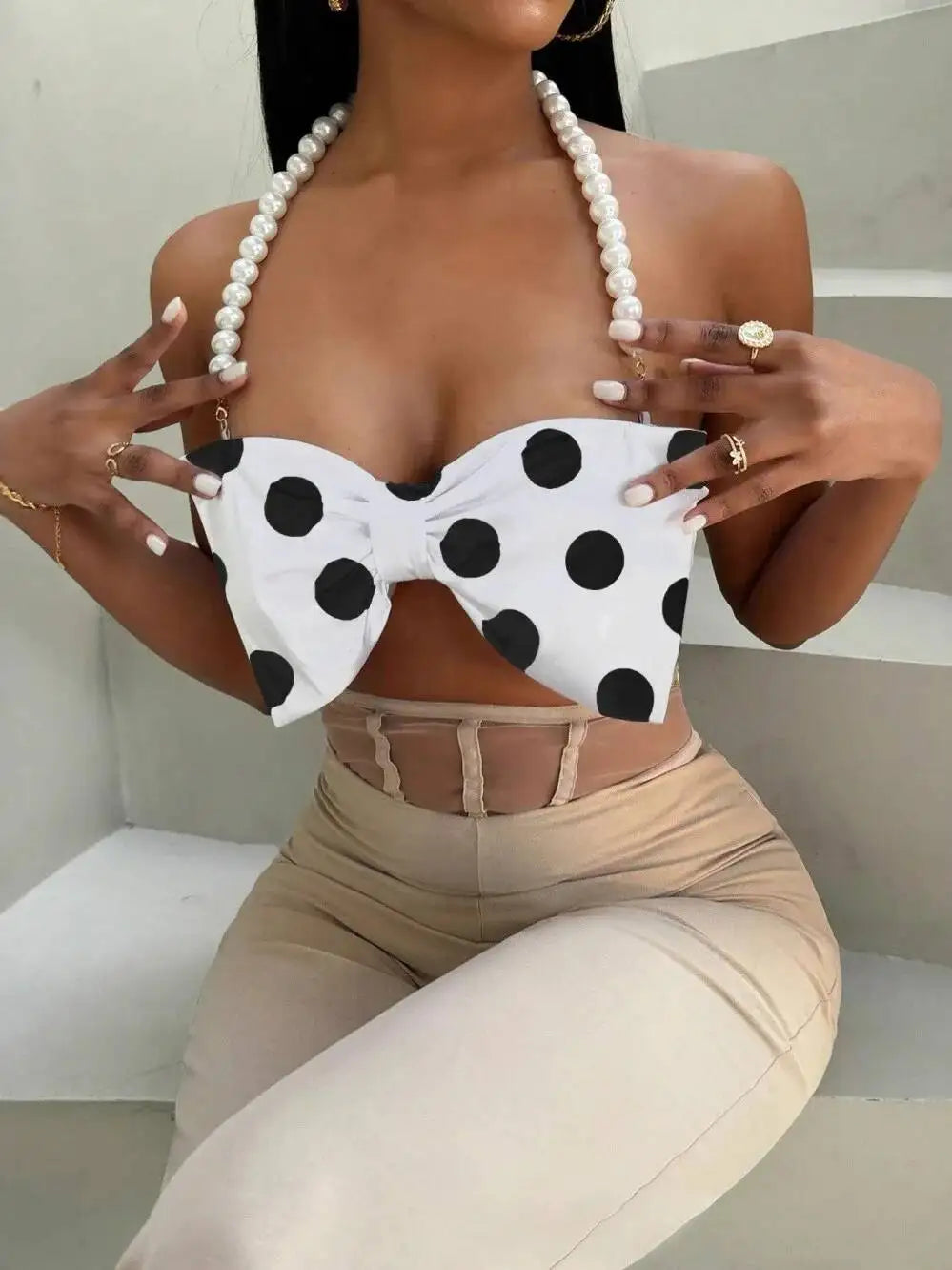Women's Pure Desire Sexy Hot Girl Polka Dot Halter Pearl Bowknot Strap Vest Hanging Neck Pure Desire Casaul Style Vest IFQ9