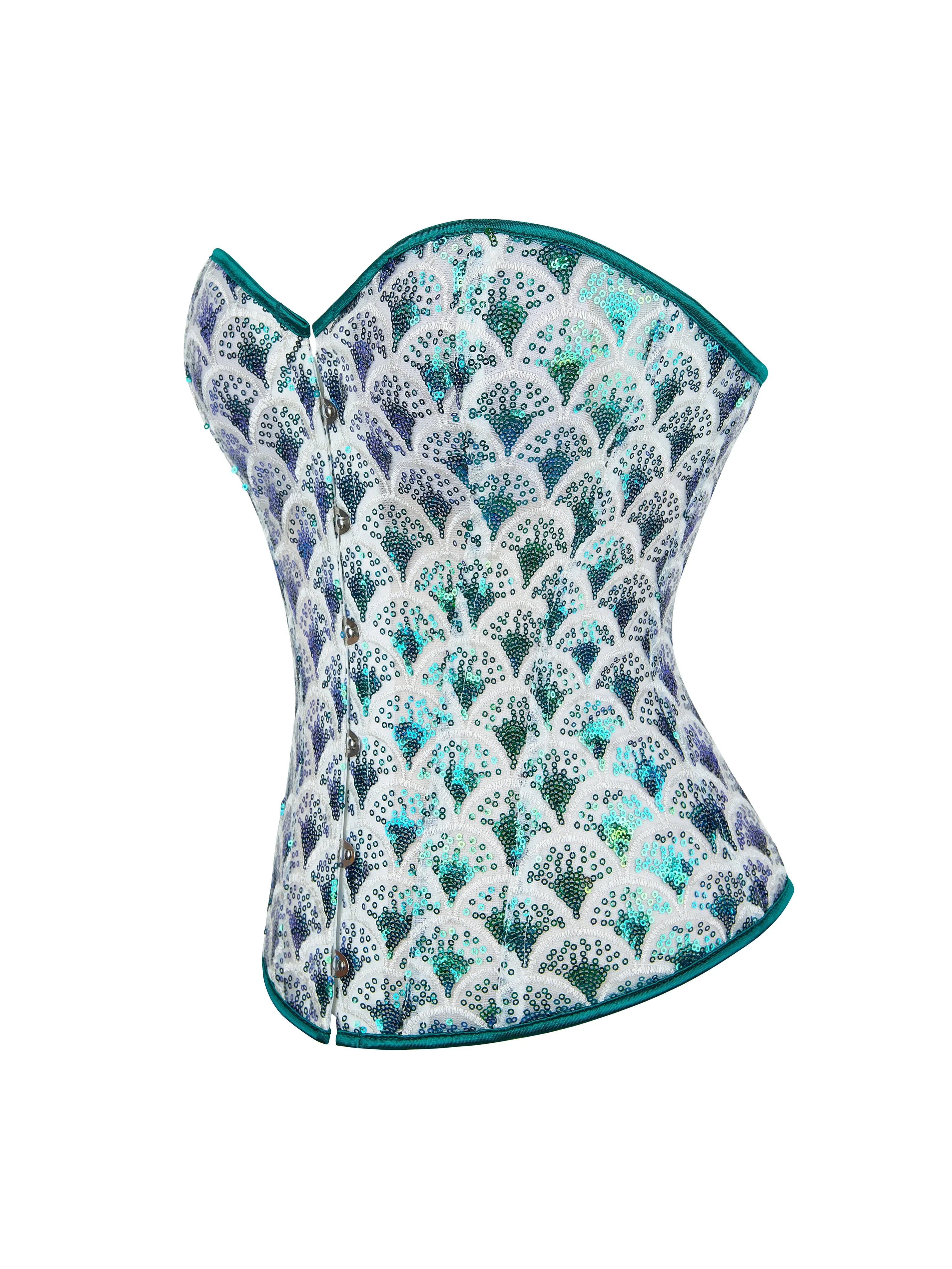 Women’s New Peacock Green Sequin Corset, Strapless Boned Bustier Top, Push-up Waist Cinching Shapewear with Fish Scale