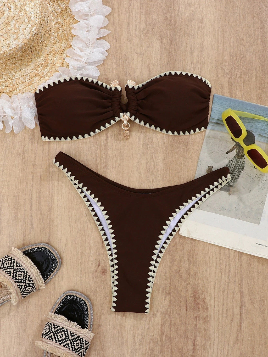 DEKA  Brazilian Bikini Solid Bandeau Bikinis Sets Woman Sexy Swimsuit Contrast Color Metal Buckle Swimwear High Cut Bathing Suit