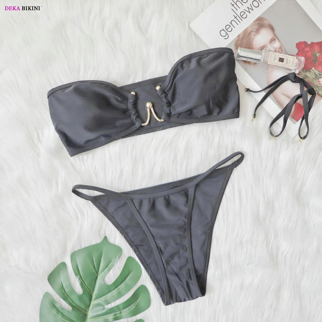 DEKA Women Solid Bandeau Bikini Set Two Pieces Swimsuits Halter Backless Female Beach Bathing Swimming Suits Thong Biquini